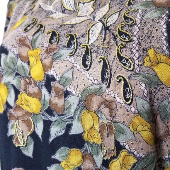 Womens Three-Quarter Sleeve Floral Print Black Gold Metallic Crop Top Size M/L - Picture 4 of 10